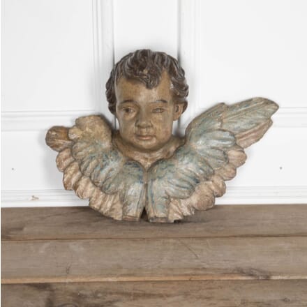 18th Century Flemish Hand Carved Polychrome Winged Angels Head DA3432425
