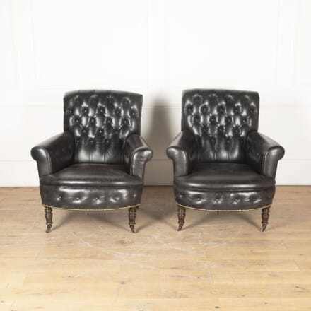 19th Century English Black Leather Armchairs CH7633292