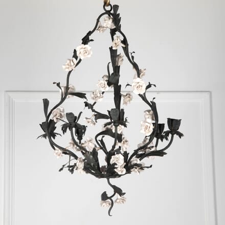 20th Century French Metal Chandelier with White Porcelain Flowers LC9032083