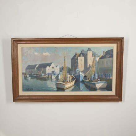 20th Century Oil on Board of French Fishing Boats in Harbour WD4833550