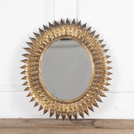 20th Century Spanish Gilt Metal Leaf Oval Sun Mirror MI3432646