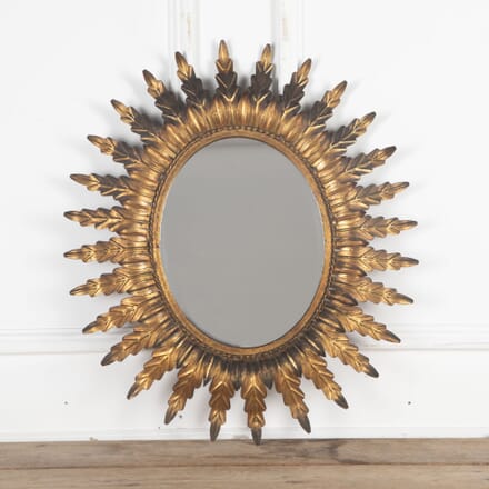 20th Century Spanish Gilt Metal Leaf Oval Sun Mirror MI3432647