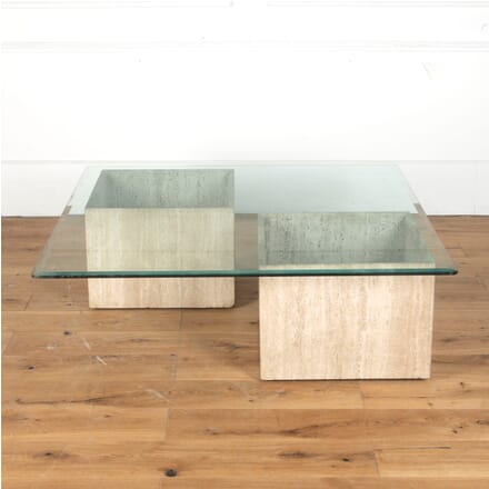 French Mid 20th Century Travertine Base and Glass Coffee Table CT3713265