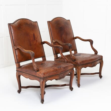 Pair of 18th Century French Walnut and Leather Armchairs CH0622294