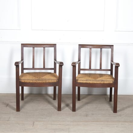 Pair of 20th Century Oak and Rush Seated Lounge Chairs CH6421872