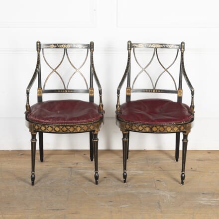 Pair of 20th Century Decorated and Ebonised Armchairs in the Manner of Gillows CH1023550