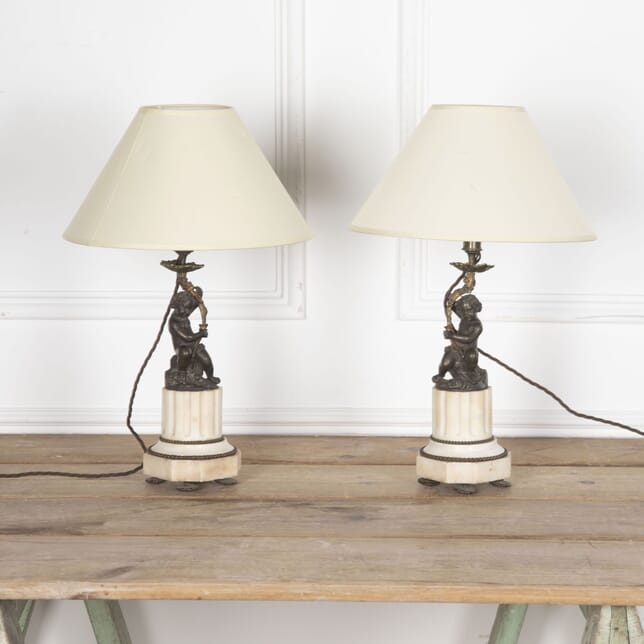 Pair of 19th Century French Marble and Bronze Cherub Table Lamps LT3730905