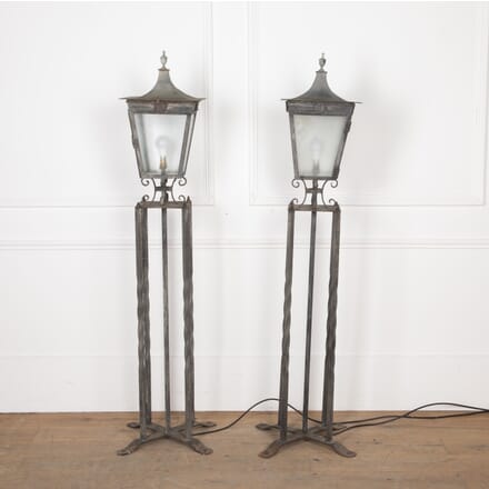 Pair of 20th Century Wrought Iron and Steel Column Lanterns LL3627435