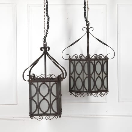 Pair of Early 20th Century Iron and Frosted Glass Hanging Lanterns LL6421862