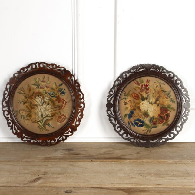 Pair of Framed Circular Floral Needlework Pictures WD8017889