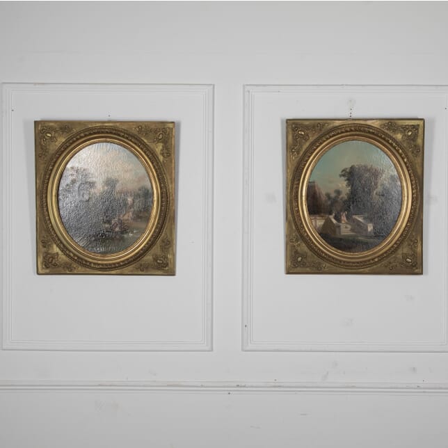 Pair of 19th Century Framed Romantic Chateau Oil Paintings DA1524778