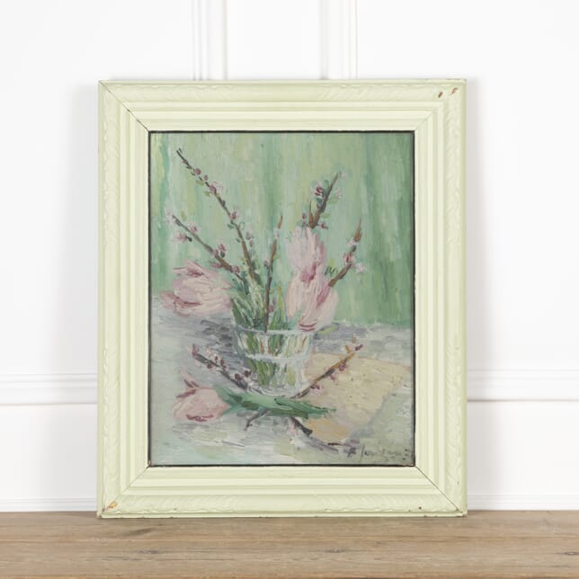 Still Life Oil On Canvas Pink Magnolia Blossom In Crystal Vase WD5826406