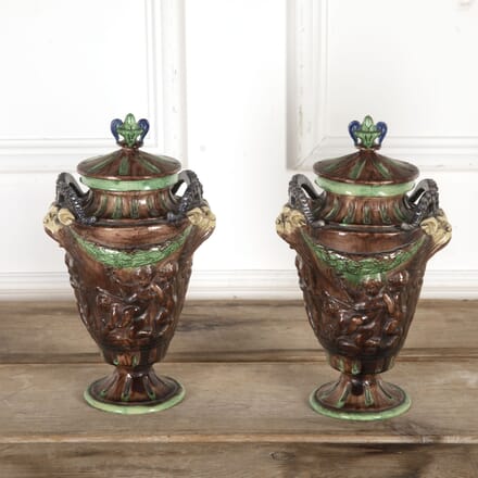Pair of 1830s Majolica Lidded Vases DA5918449