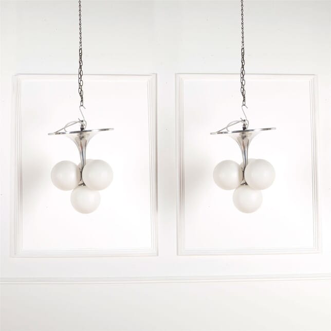 Pair of 1970's Polished Aluminum and Opaque Glass Balls Ceiling Pendants